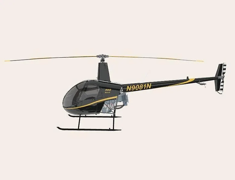 A black Robinson R22 helicopter with yellow stripes and registration N9081N, viewed from the side.