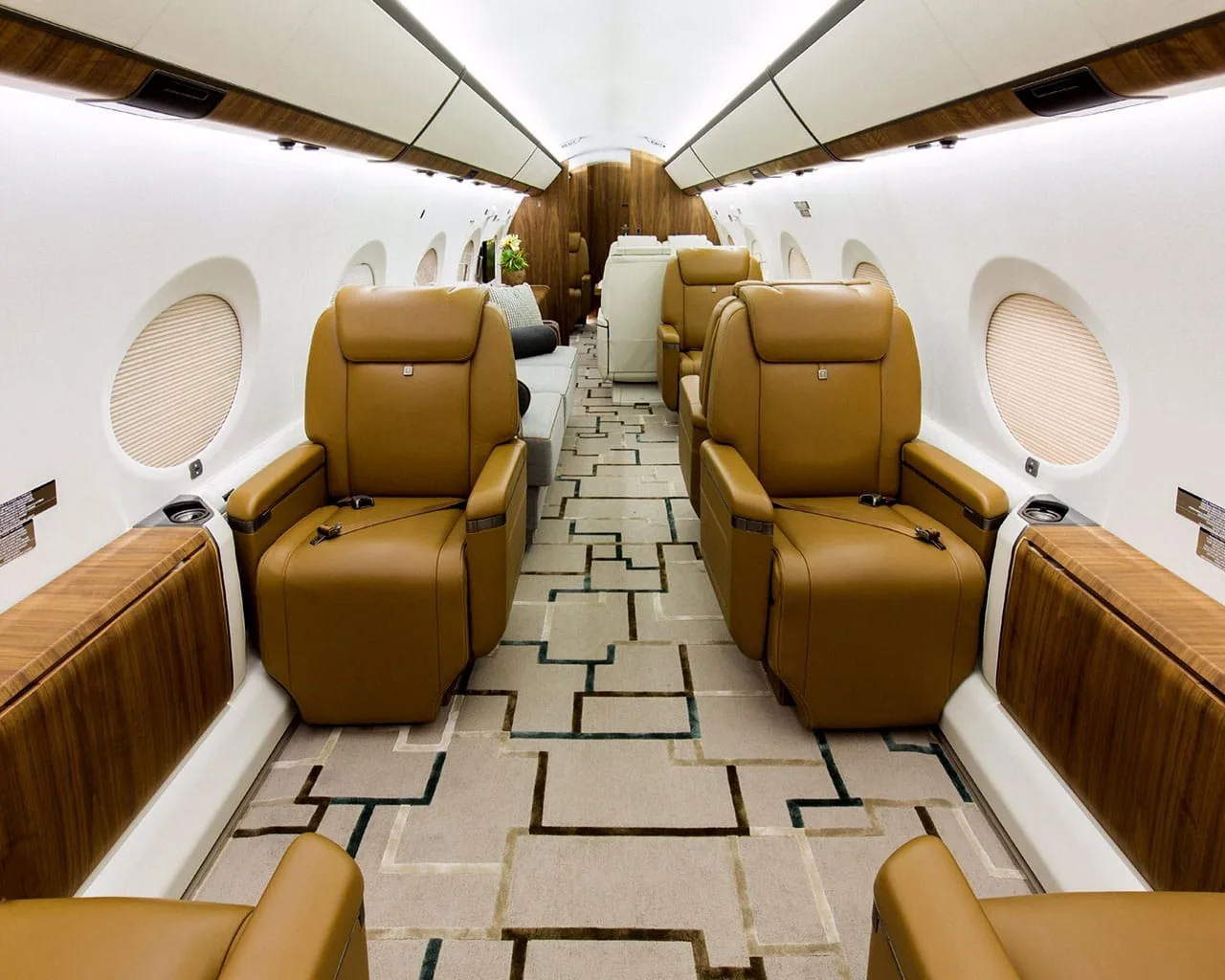 The luxurious interior of a private jet cabin with two rows of brown leather seats and a geometric patterned carpet.