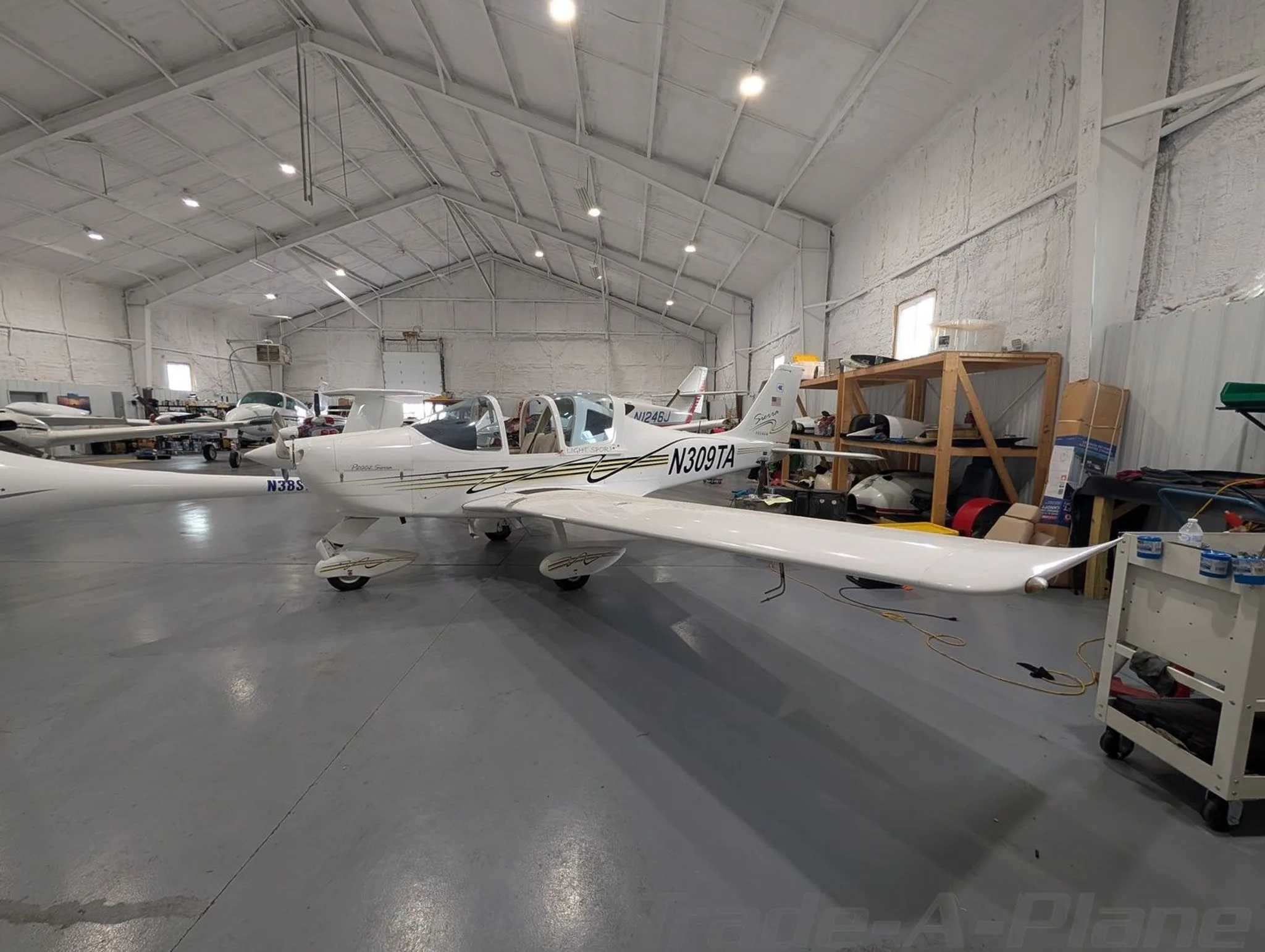 A white Tecnam P2002 Sierra aircraft with registration N309TA is parked in a hangar.