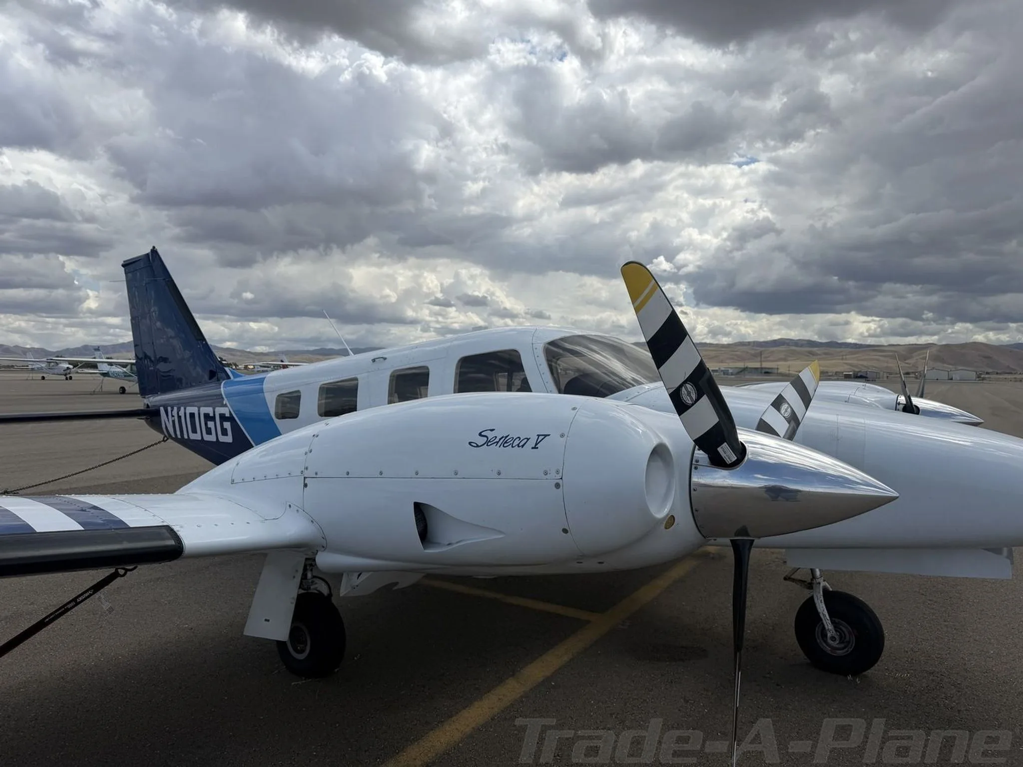 A side-front view of a white Piper Seneca II twin-engine aircraft with blue tail and stripes, showing the registration N110GG, on an airport tarmac.