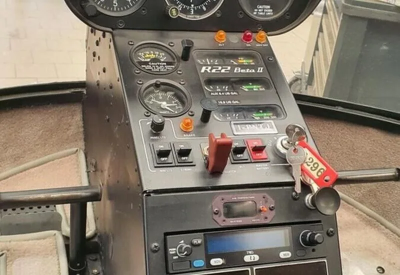 Close up of the instrument panel of a Robinson R22 Beta II helicopter.