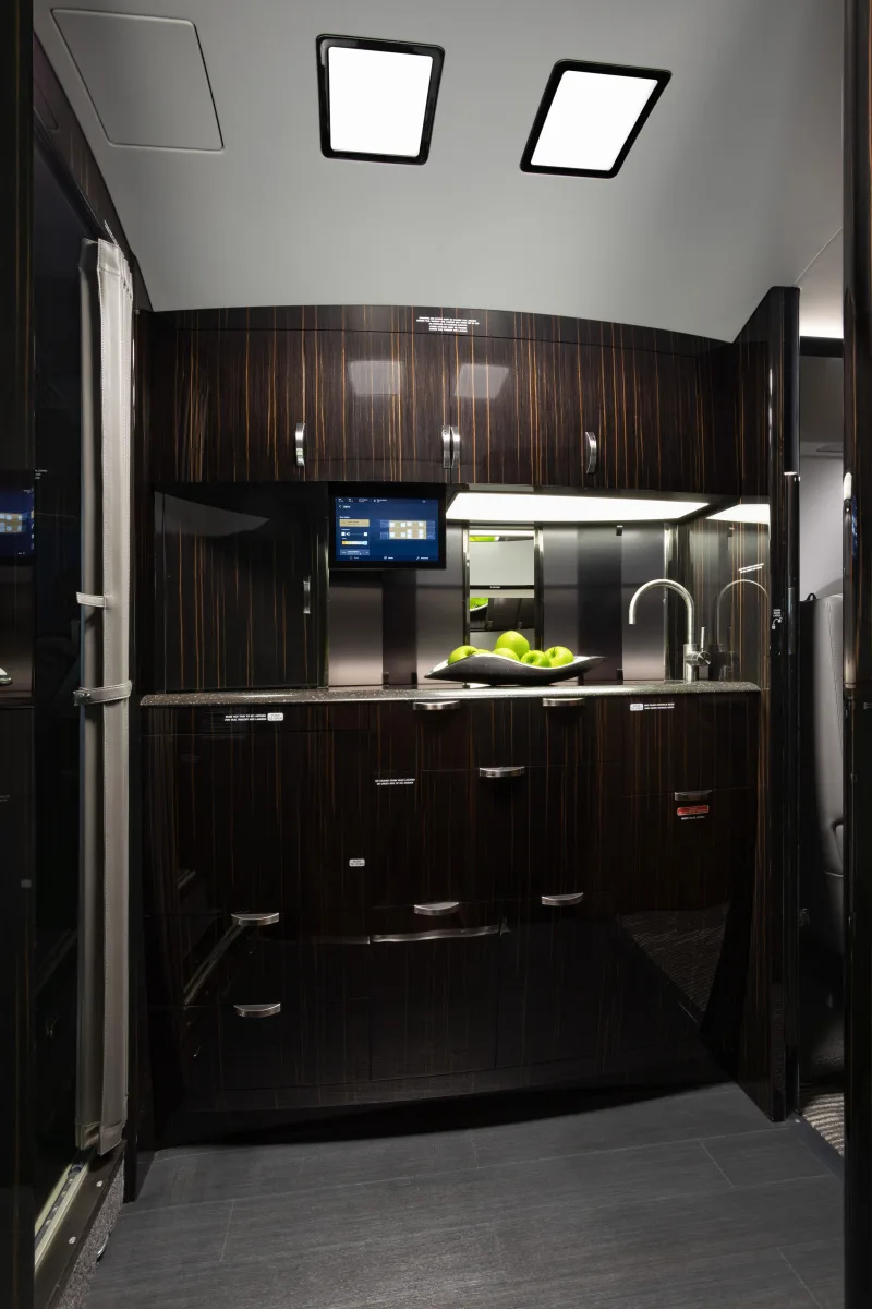 Galley area with dark wood cabinets and stainless steel backsplash.
