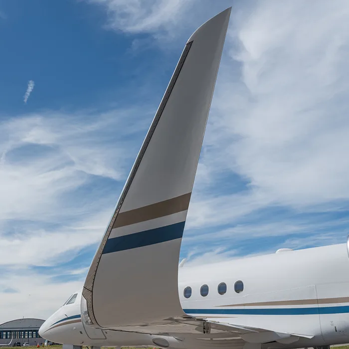 The tail of the aircraft shows the paint scheme and registration number.