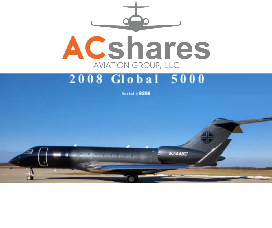 A black and grey Bombardier Global 5000 business jet, registration N244BC, parked on an airfield under a blue sky.
