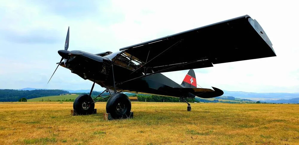 A black Zlin Shock Cub aircraft with a red and white Swiss flag on the tail, parked on a dry grassy field.