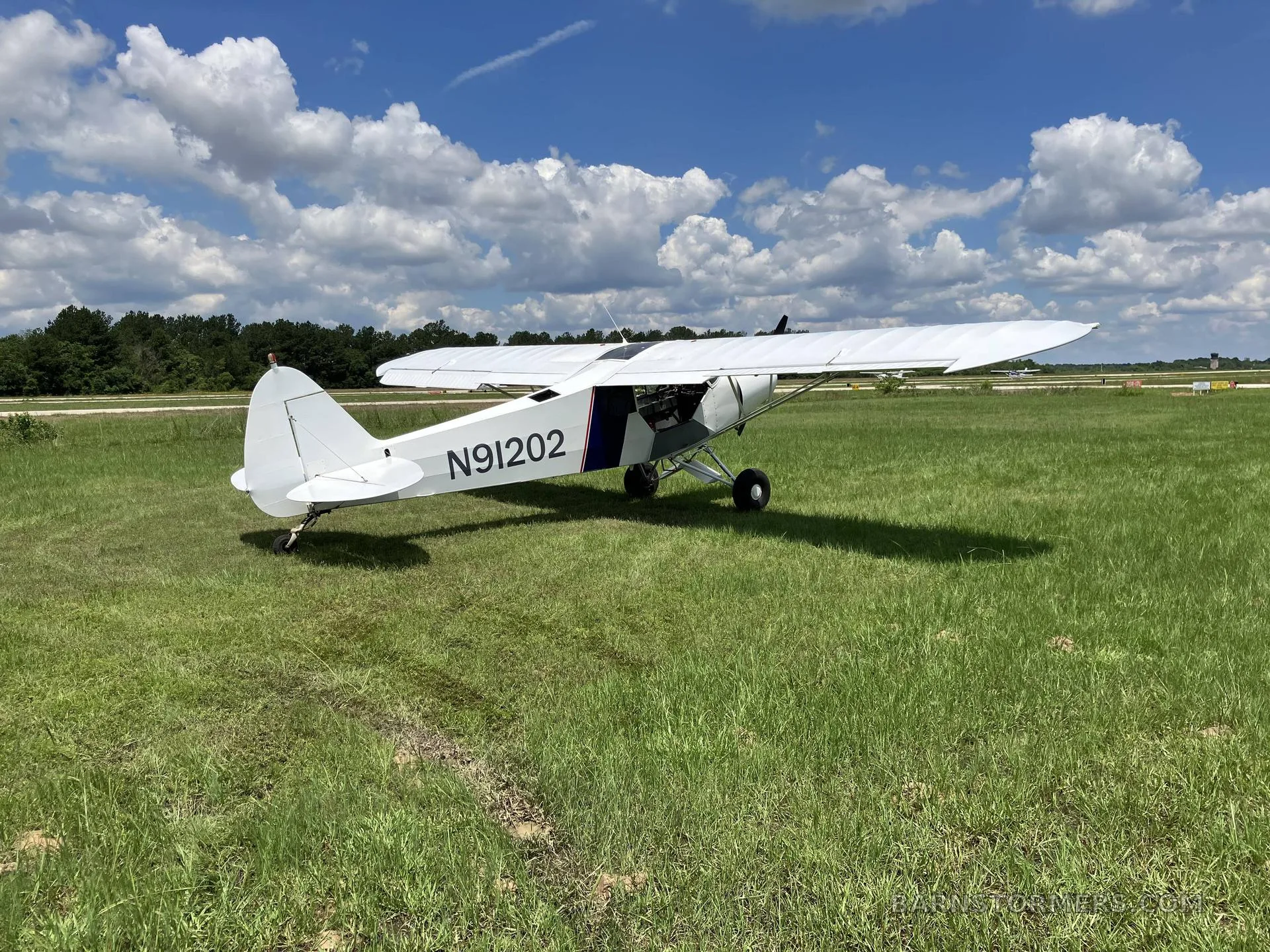 A white single-engine high-wing aircraft with registration N91202, viewed from the rear-left, on a grassy field with tire tracks.