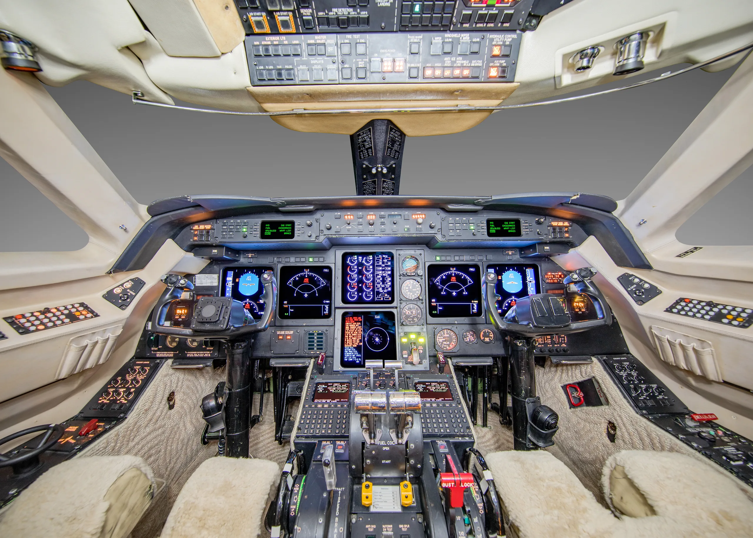 The aircraft's cockpit features a full array of instrumentation and controls.