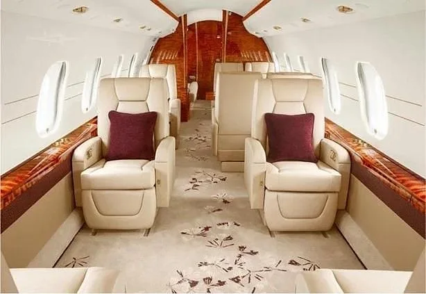 The luxurious interior of a private jet cabin features cream leather seats with maroon pillows and a light carpet with a floral pattern.