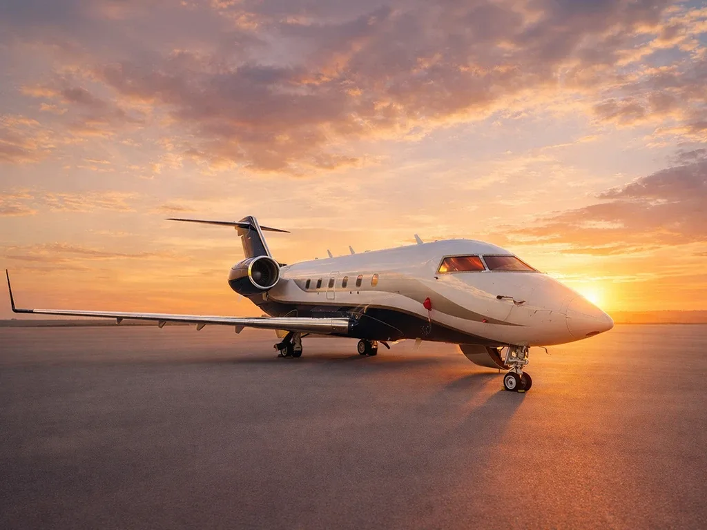 A white and dark blue private jet is parked on an airfield at sunset, with warm orange and pink clouds in the sky.