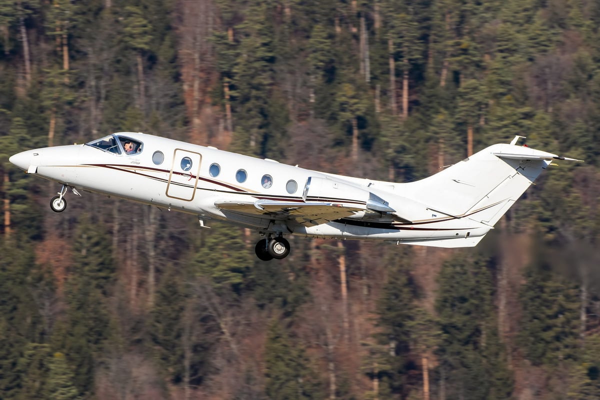 A white jet aircraft with black and gold stripes is shown taking off in front of a forest.
