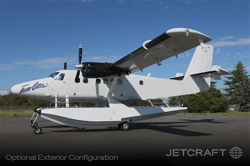 A red and white twin-engine turboprop aircraft rendering with a cloudy sky background.