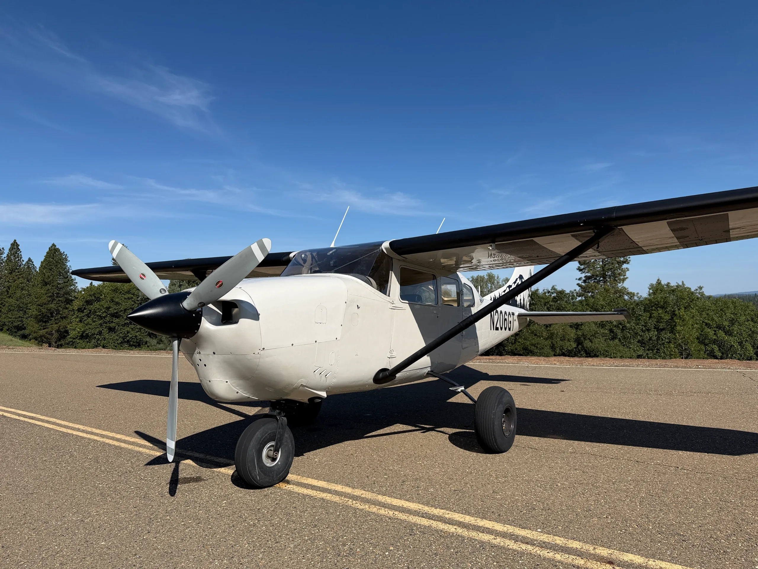 Front three-quarter view of a white Cessna 206 with black and white striped wings, parked on an asphalt strip.