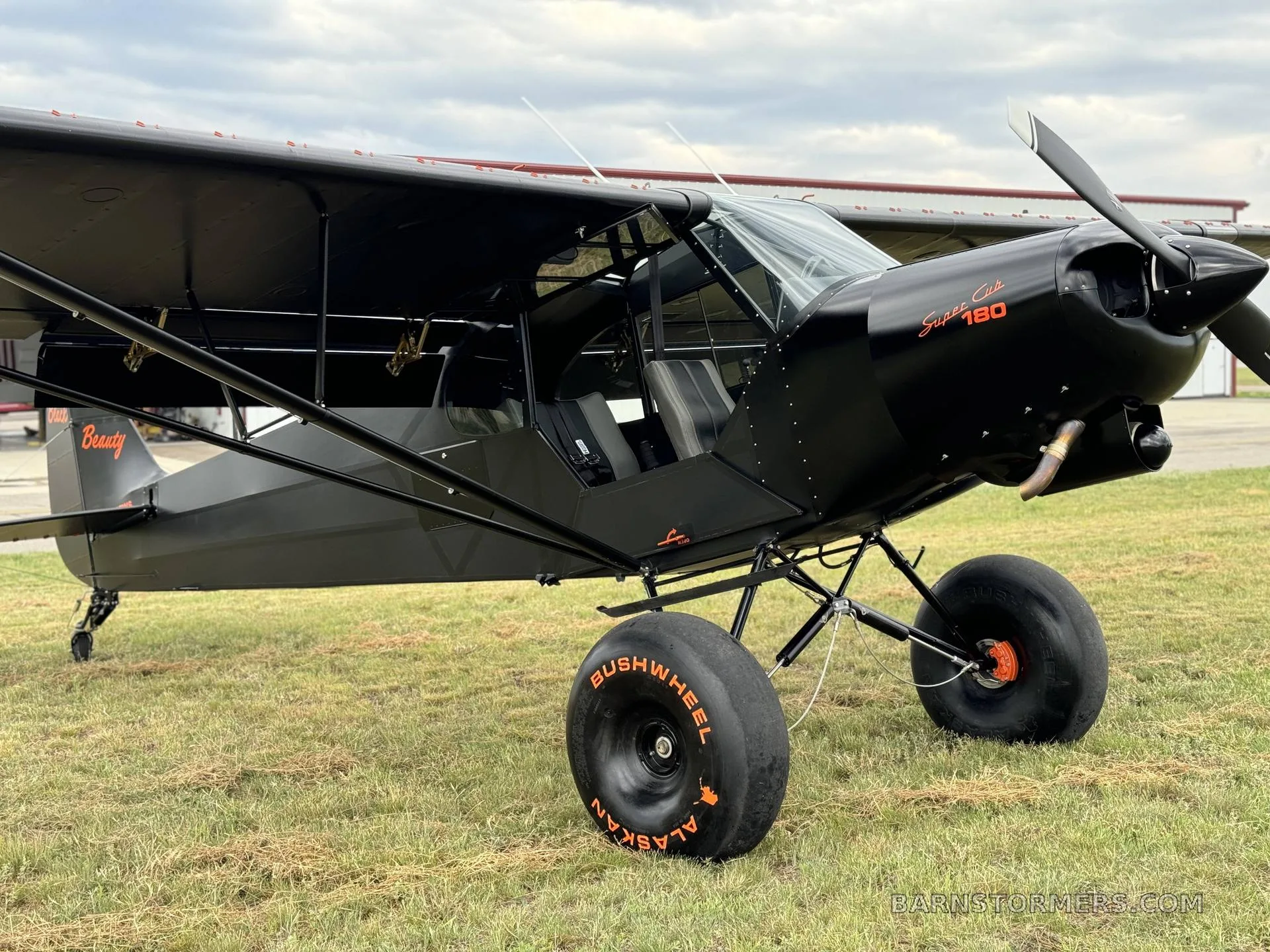 A black Super Cub 180 aircraft with "Beauty" on the tail and large bush wheels, viewed from the front-left on a grassy field.