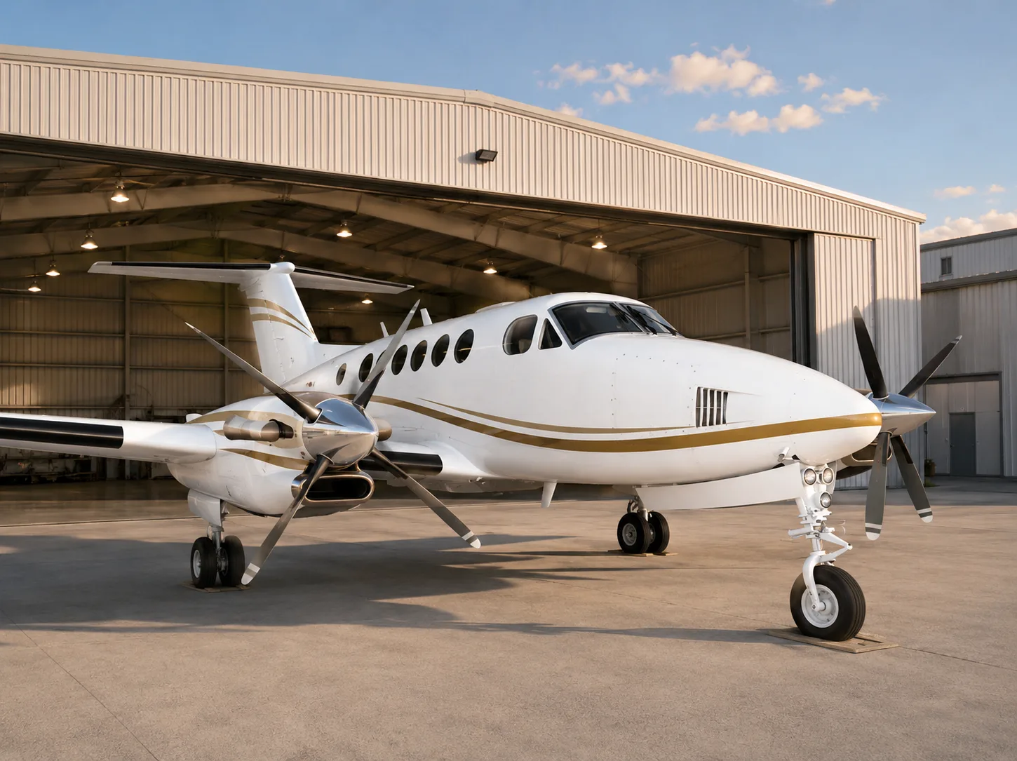 A white and gold Beechcraft King Air turboprop aircraft is parked in front of an open hangar under a clear sky.