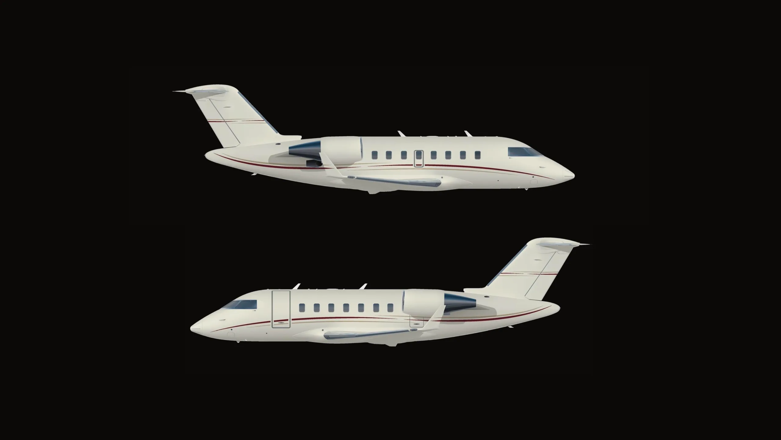 Two white business jets with red pinstripes shown in side profile against a black background.