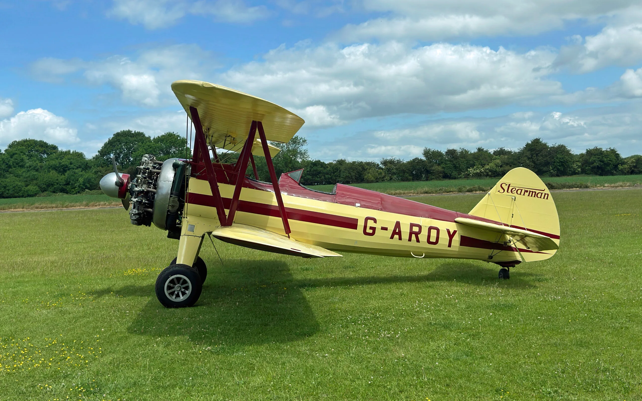 A yellow and red Stearman biplane, G-AROY, parked on a green field with trees in the background.