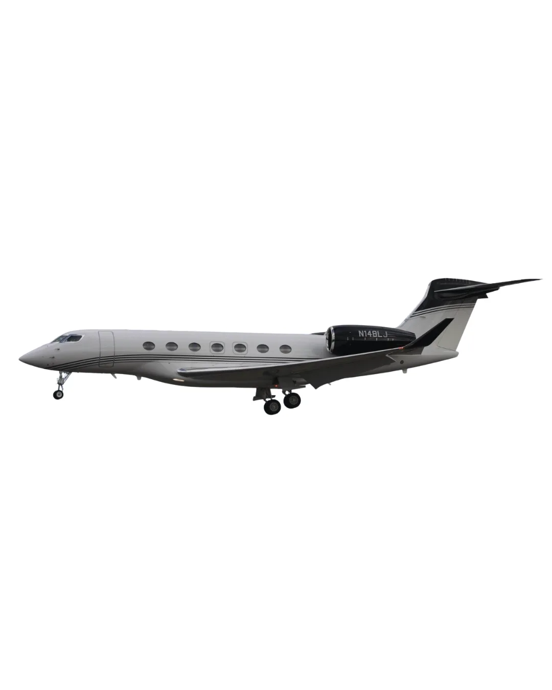 A white private jet with black accents and registration N14BLJ is shown in a side view against a white background.