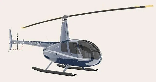 A blue Robinson R44 helicopter with white stripes, viewed from the side, against a plain background.