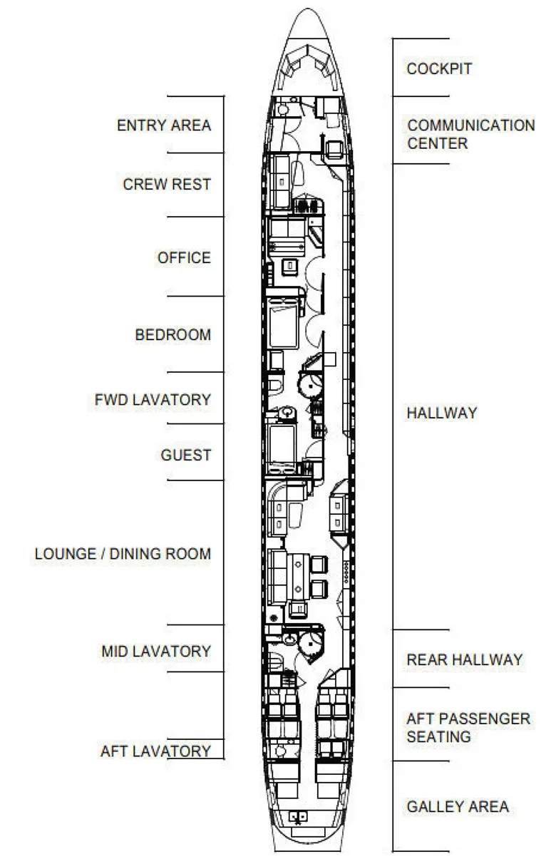 An overhead diagram showing the interior layout of a private jet with various labeled sections.