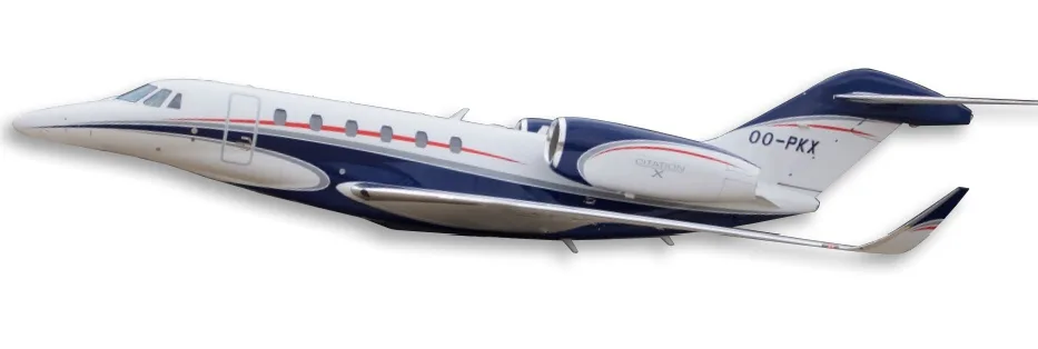 A white and blue Cessna Citation X business jet (OO-PKX) with red accents is shown in flight against a white background.