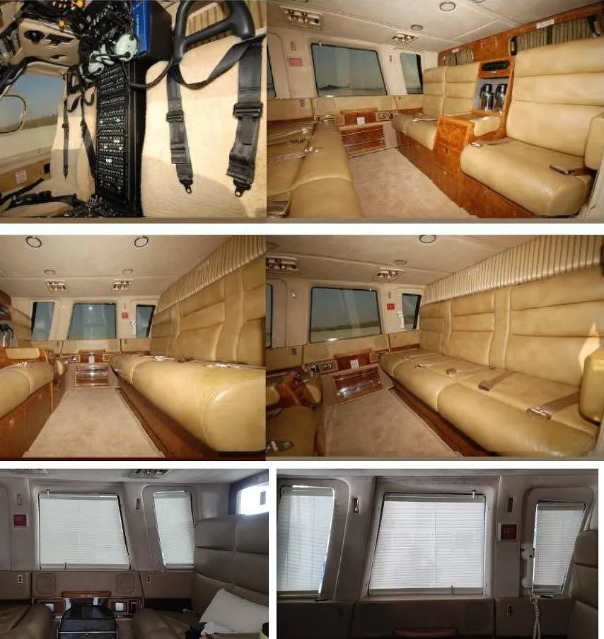 Multiple views of a helicopter's luxurious cabin interior with tan leather seating and window blinds.