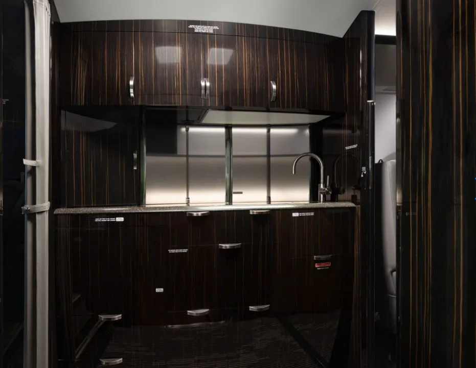 Aircraft galley with dark wood cabinetry and stainless steel sink.