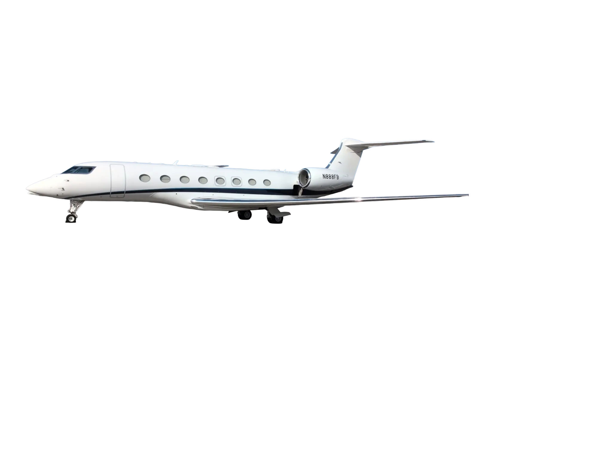 A white Gulfstream business jet with registration N888FB is parked on the tarmac, viewed from the side.