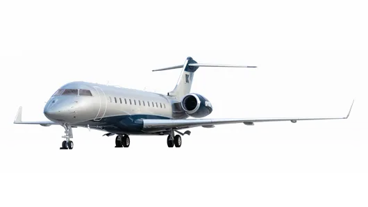 A silver and dark blue business jet, likely a Bombardier Challenger, viewed from the front-left against a white background.