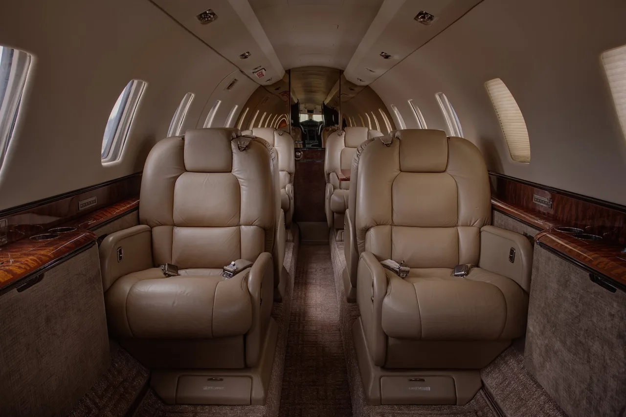 Aircraft interior with leather seats and wood accents.
