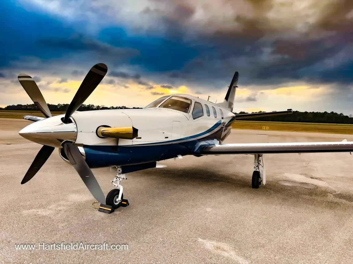A white and blue single-engine turboprop aircraft with a four-blade propeller parked on an airfield under a dramatic sunset sky.