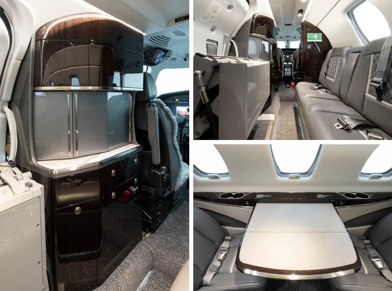 A collage of three interior views of a business jet, showing the galley, cabin seating, and a deployed table.