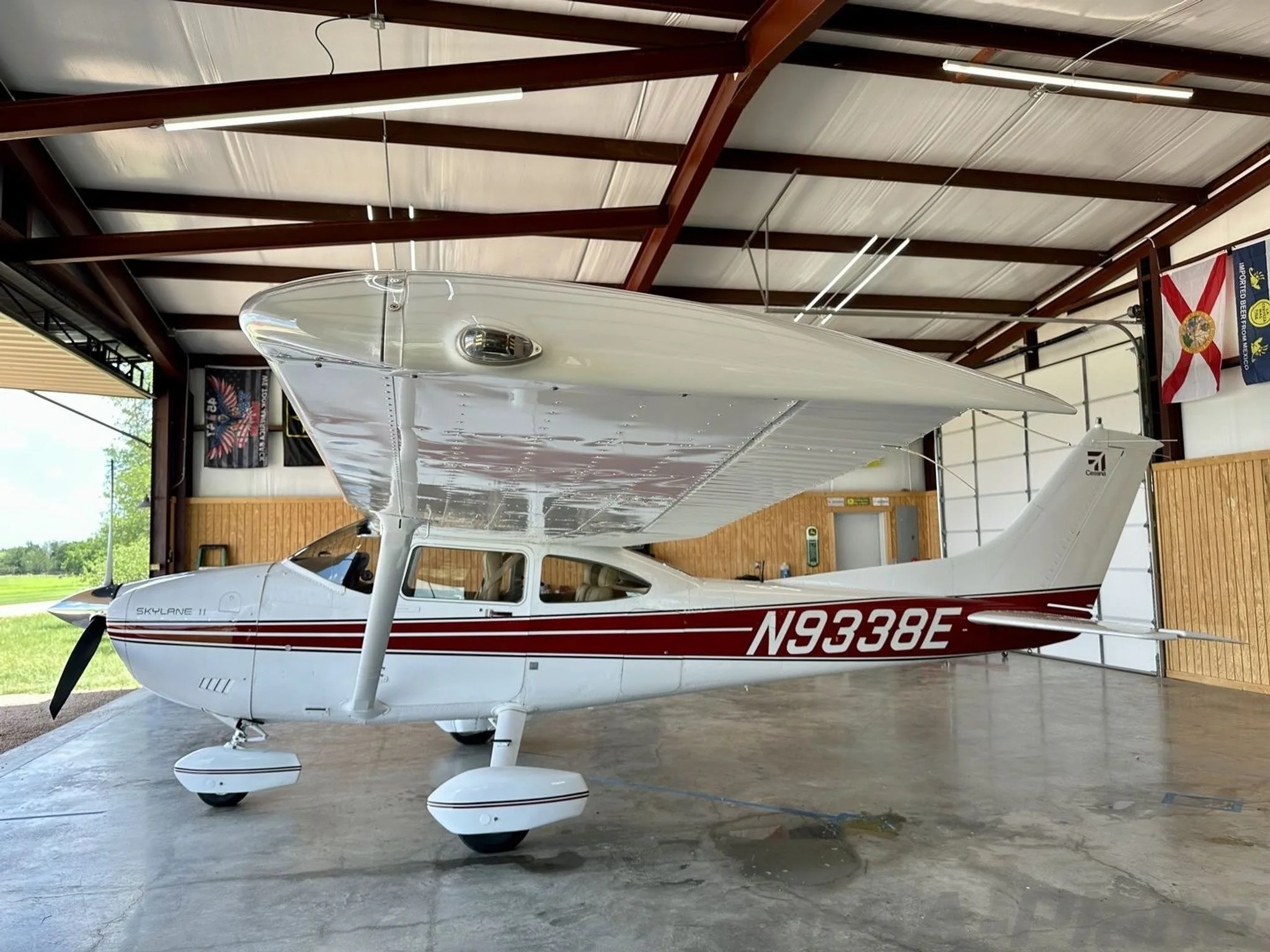 A Cessna 182R Skylane parked in a hangar.