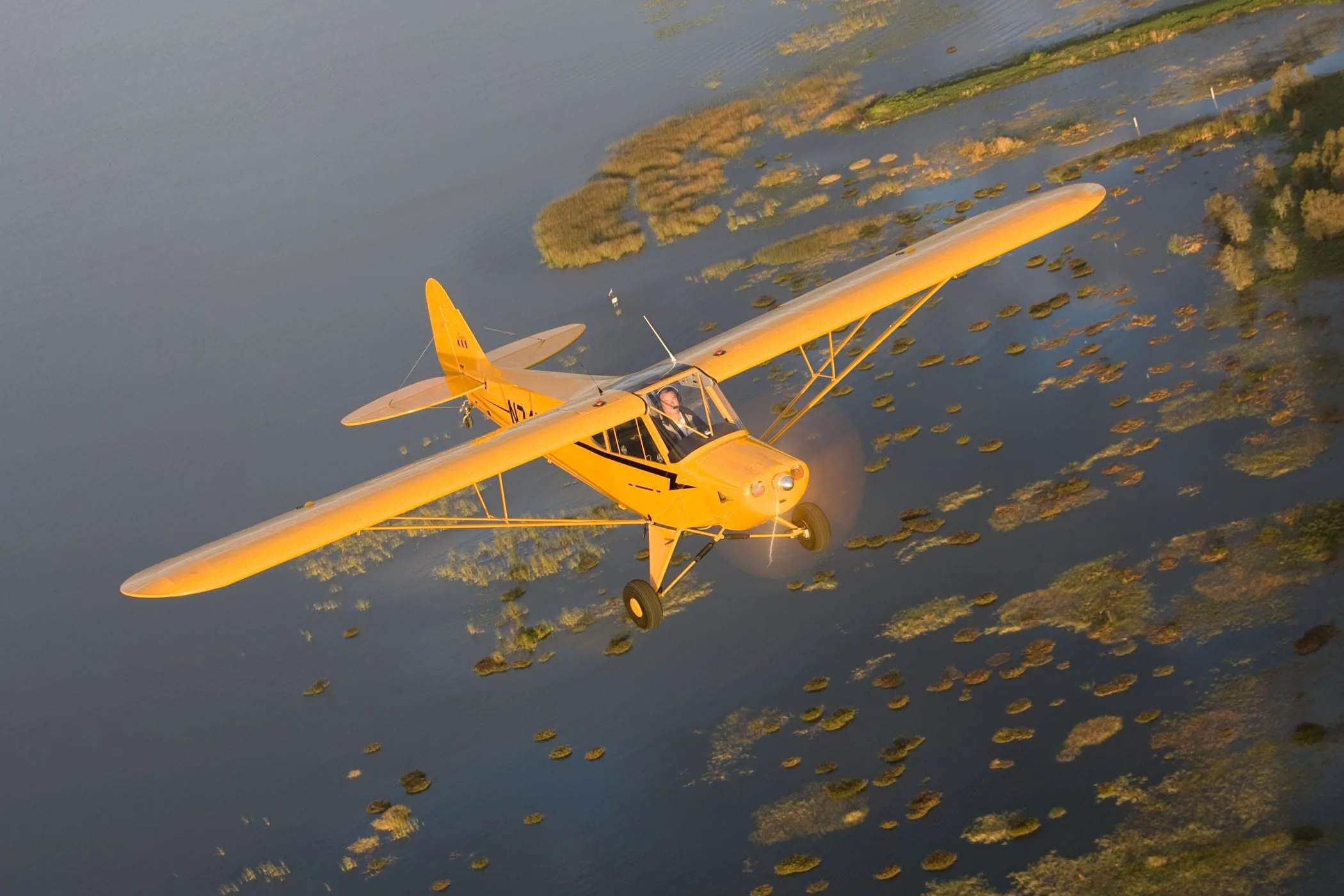 A yellow Piper Cub-style aircraft (N741W) with a pilot visible flies over a marshy landscape.