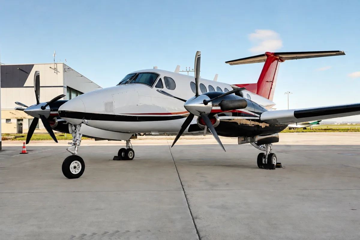 A white and red twin-engine turboprop aircraft with registration OK-MAG parked on the tarmac next to a building.