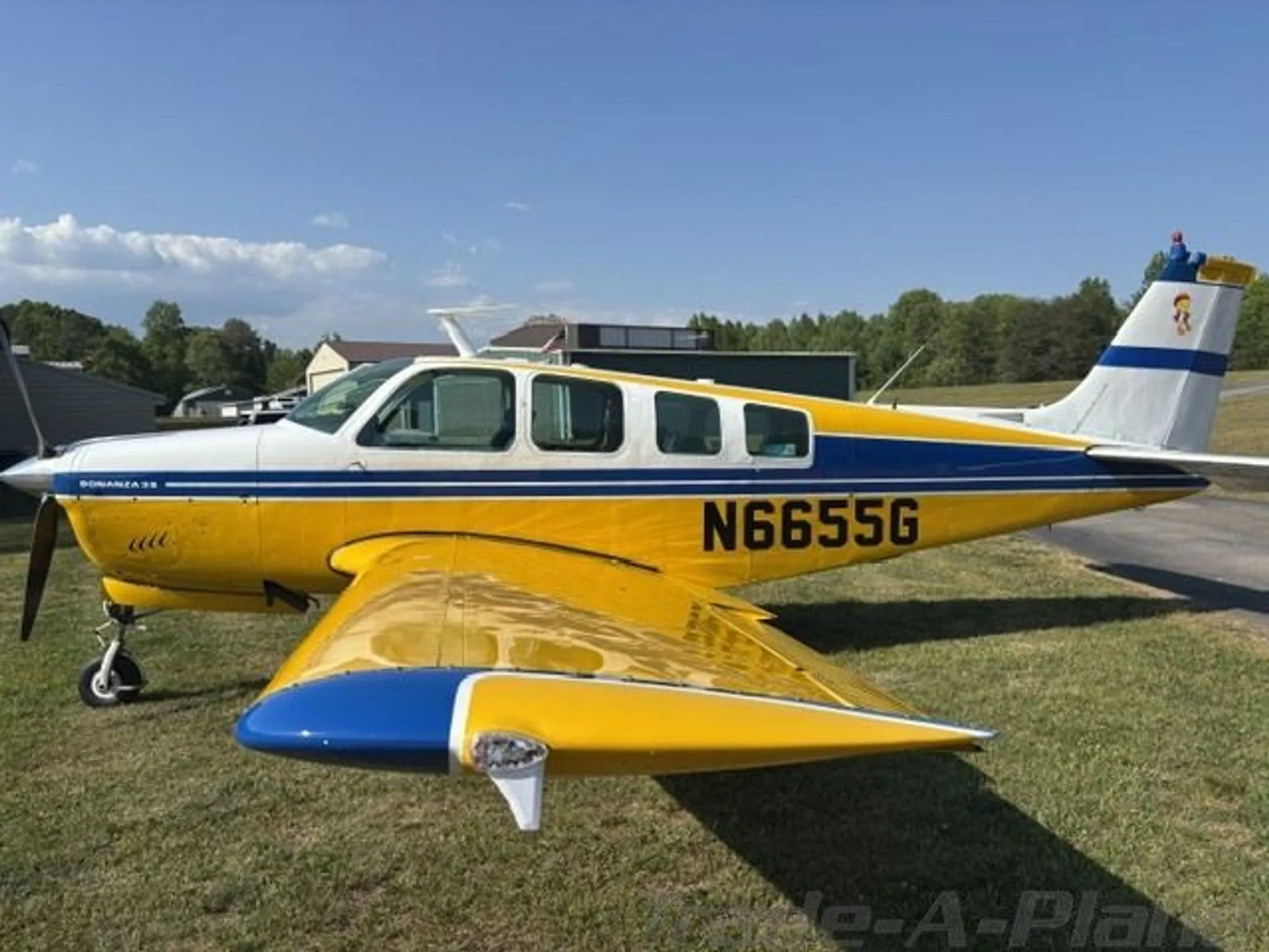 Full side profile of a yellow and white Beechcraft Bonanza 36 with registration N6655G, parked on grass.