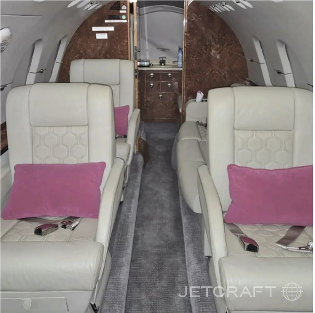 The luxurious interior cabin of a private jet with light beige leather seats and pink pillows.