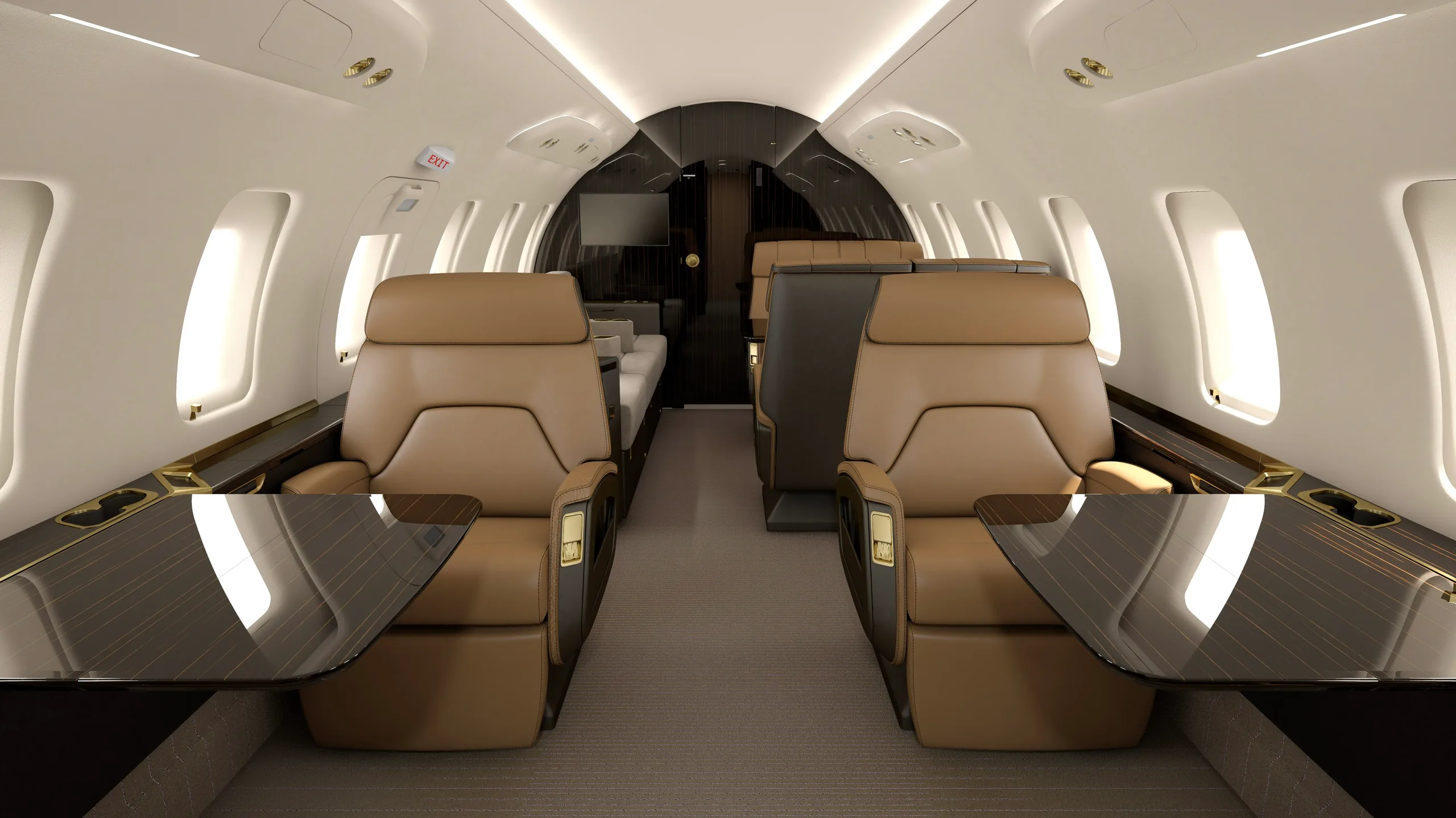 A luxurious aircraft cabin with two forward-facing brown leather seats and dark wood tables.
