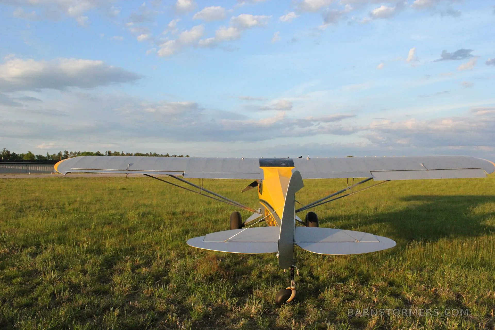 A rear view of a yellow and grey Carbon Cub aircraft with large tires parked on a grassy field.