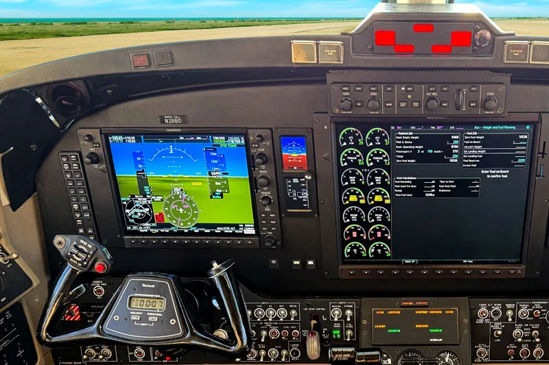 Avionics and instrument panel of the Beechcraft King Air N28BD.