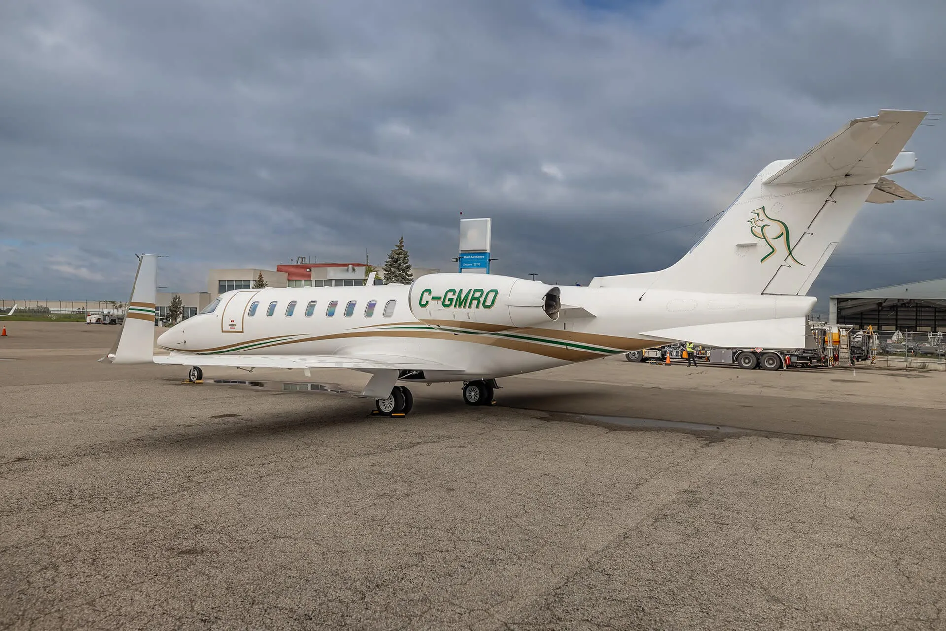 A white business jet with green and gold stripes and registration C-GMRO parked on an asphalt tarmac under a cloudy sky.