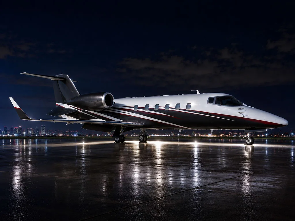 A Learjet 75 with a white, black, and red livery parked on a wet tarmac at night, with city lights in the background.