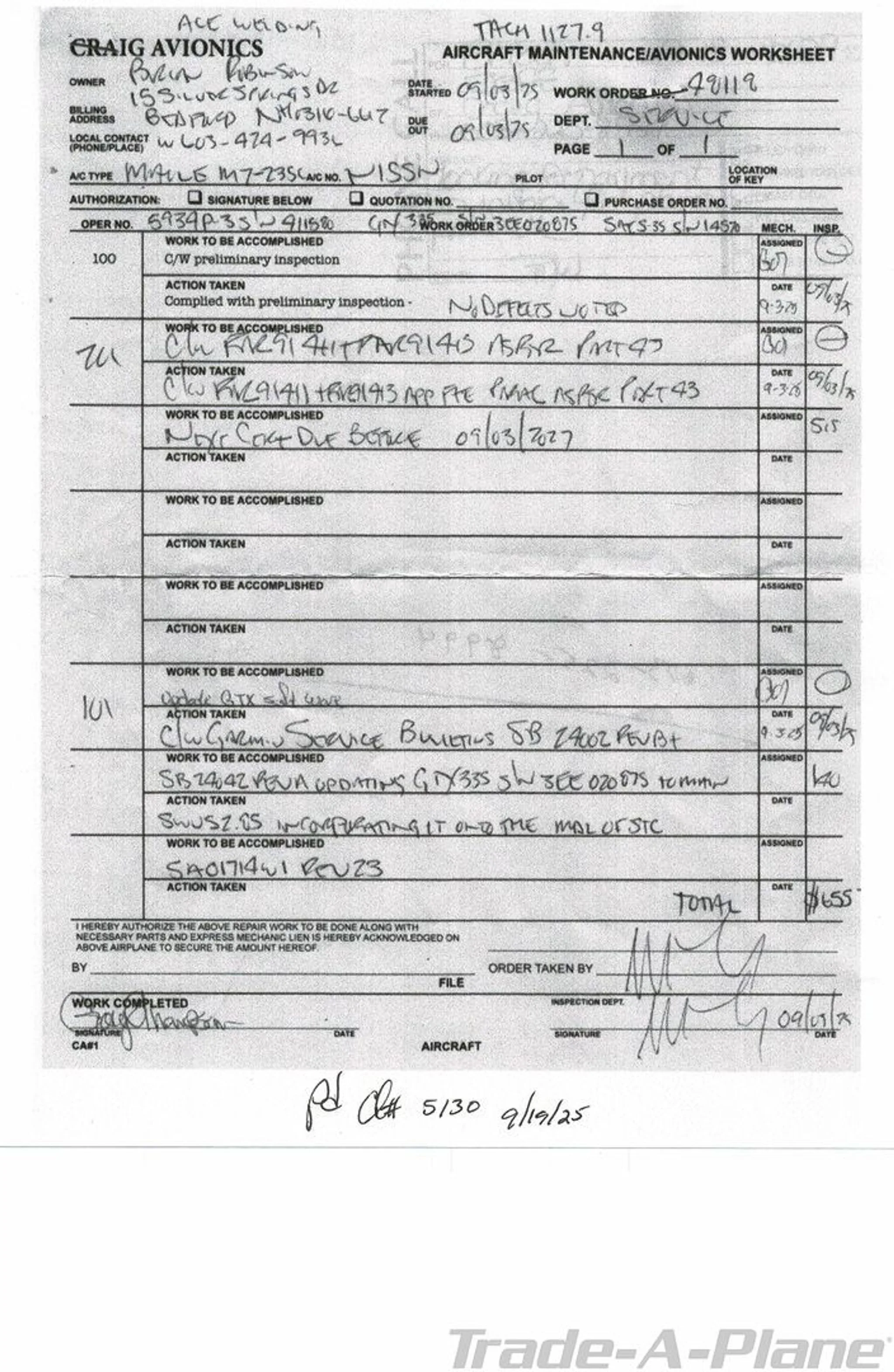 An aircraft maintenance and avionics worksheet for N15SN.