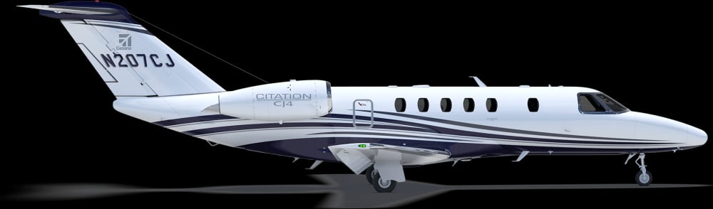 Side view of a Citation CJ4 aircraft on a black background.