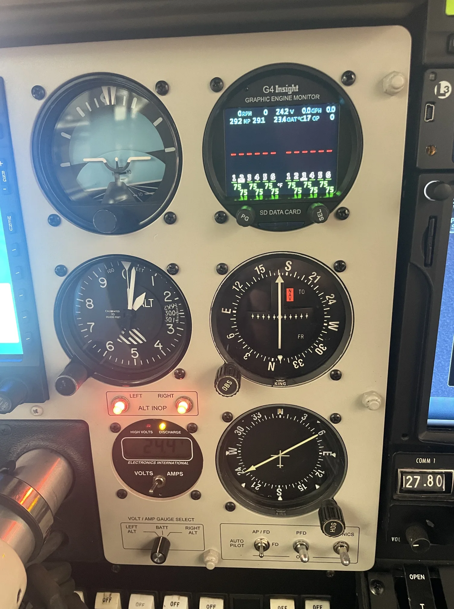 A close-up view of the right side of an aircraft's instrument panel with various gauges.