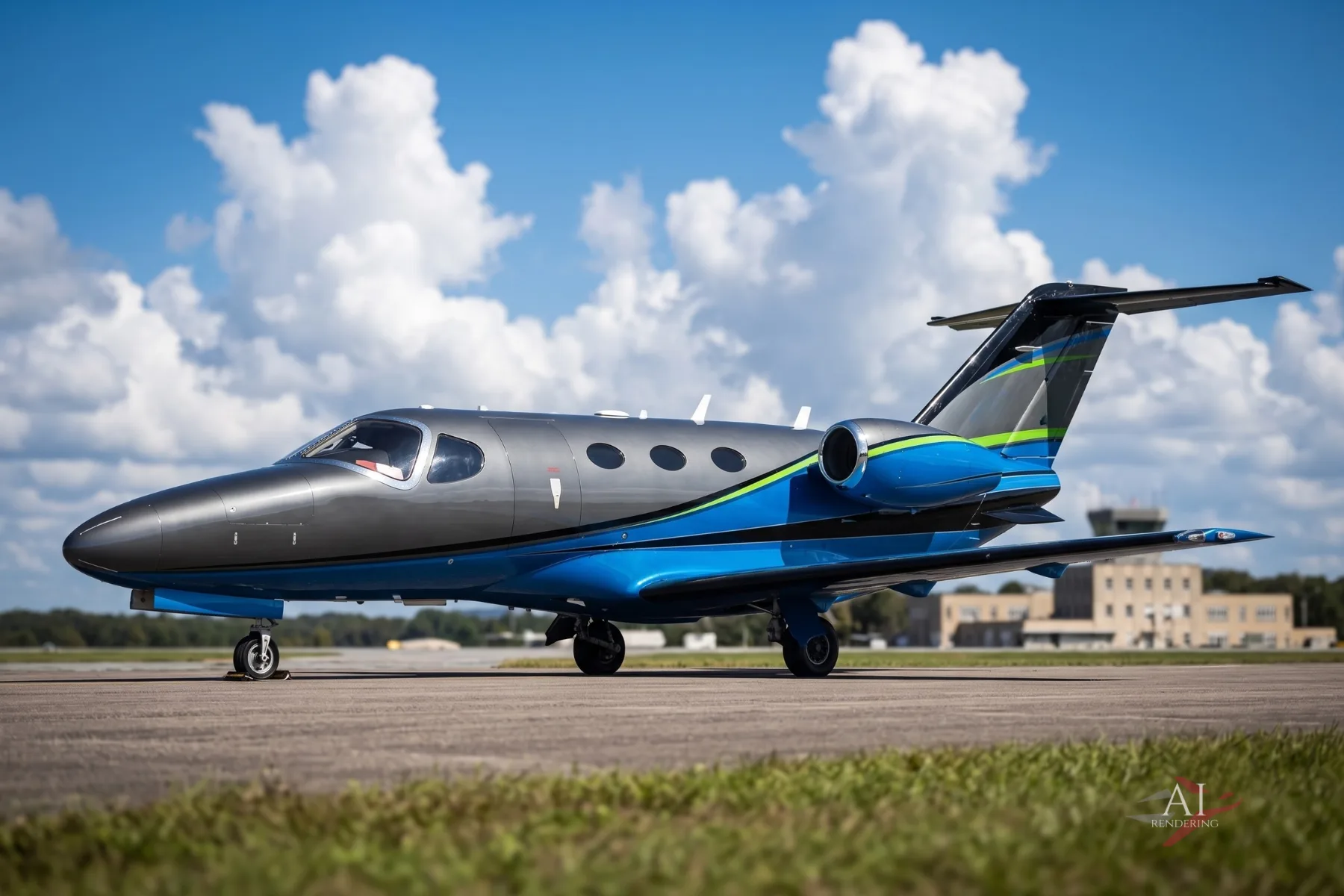 A sleek dark grey and blue business jet with green accents sits on an airfield under a partly cloudy sky.