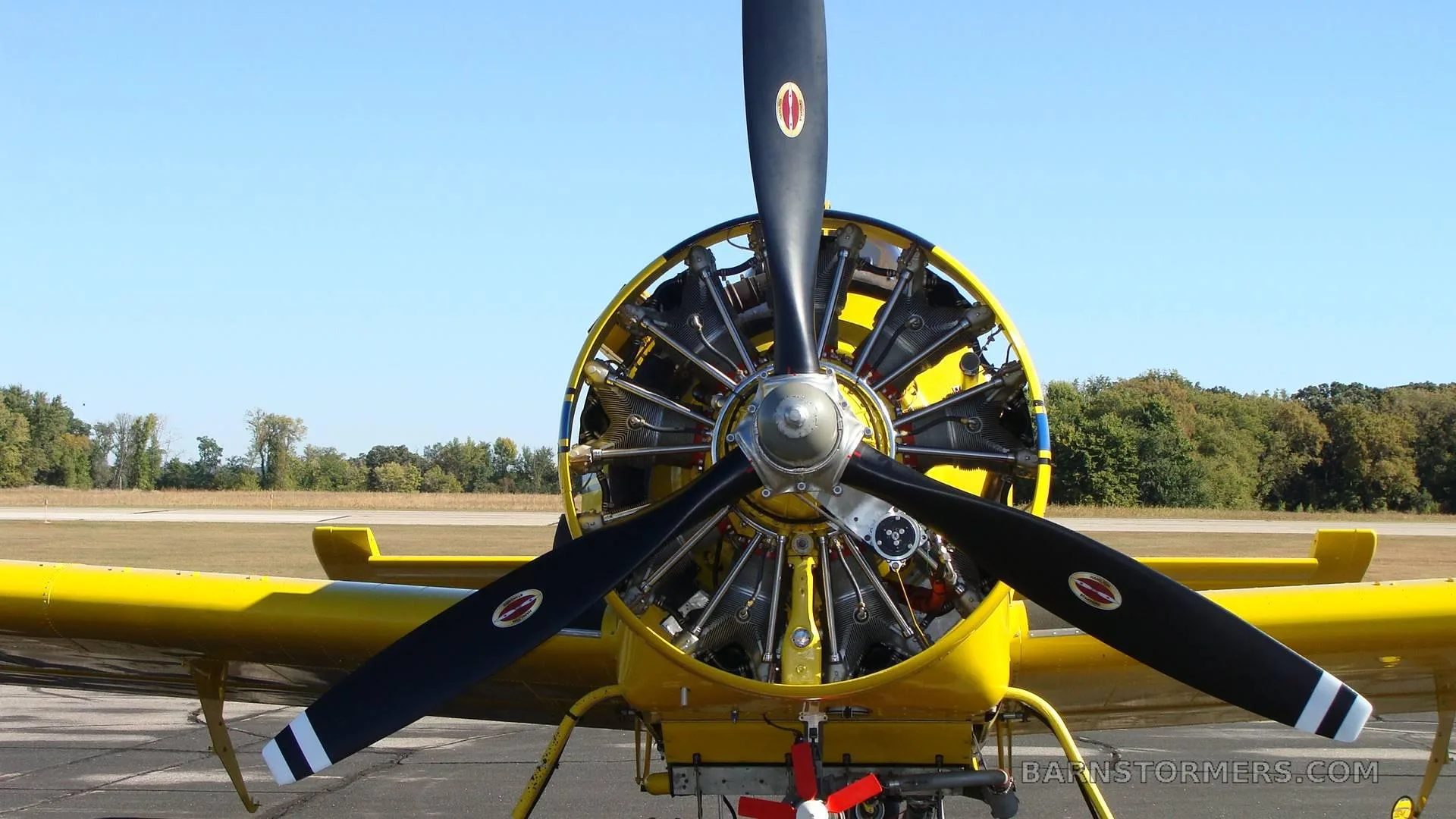 A head-on view of the yellow agricultural aircraft's radial engine and propeller on an airfield.