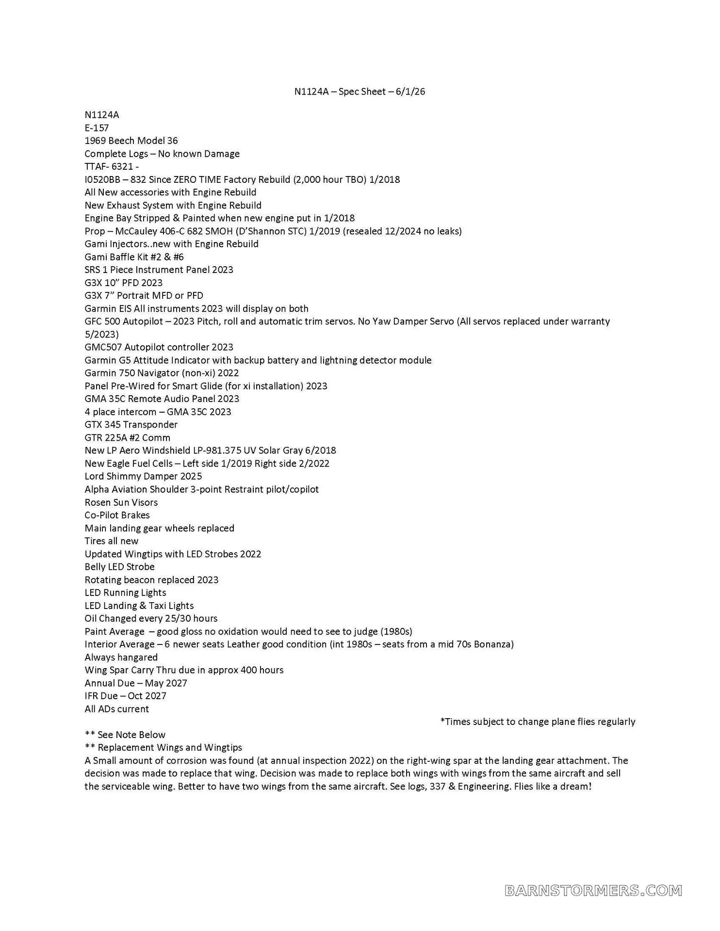 A white page with black text detailing the specifications and modifications of an N1124A aircraft.