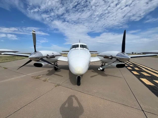 Front view of the Piper Cheyenne I showcasing its engines.