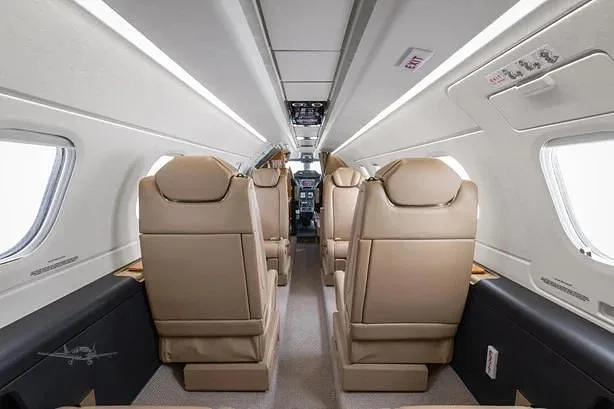 The interior cabin of a business jet with light brown leather seats and a central aisle.