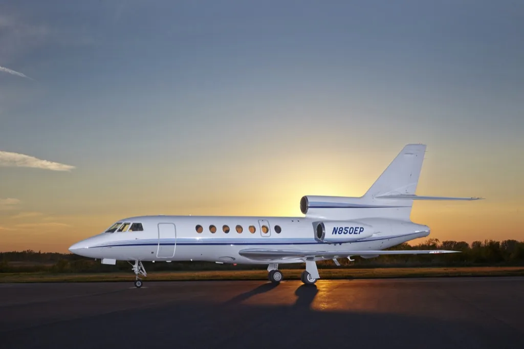Hawker 850XP aircraft N850EP on the tarmac at sunset.